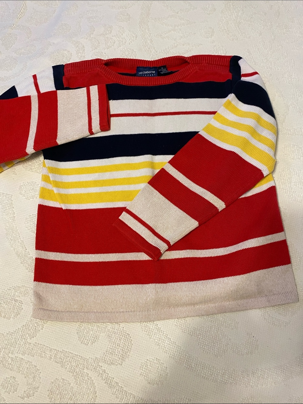 Liz Claiborne  Red Navy Yellow Cream Striped Crewneck Sweater
